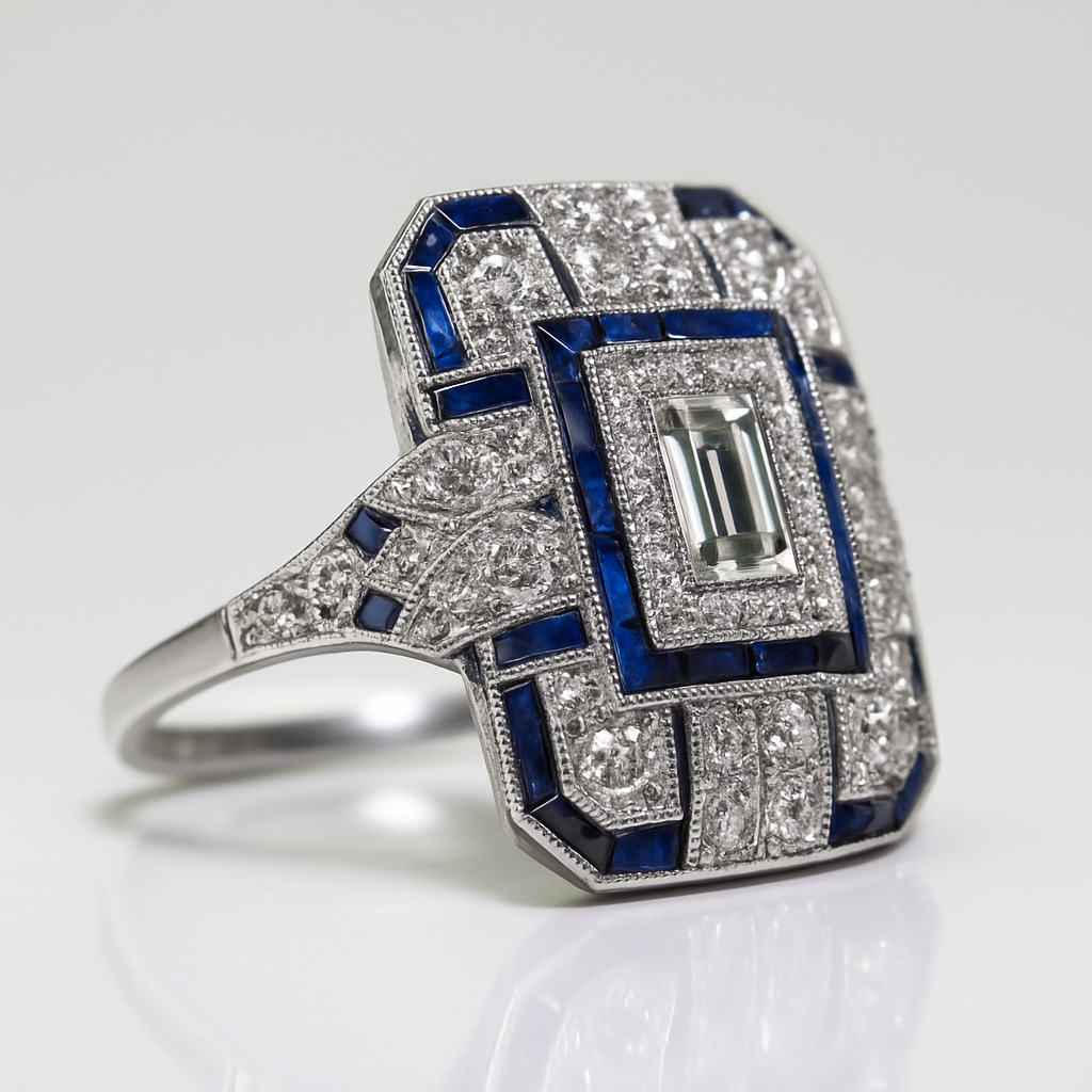 Midnattsgnista – Art Deco-Ring med Safirer och Diamanter