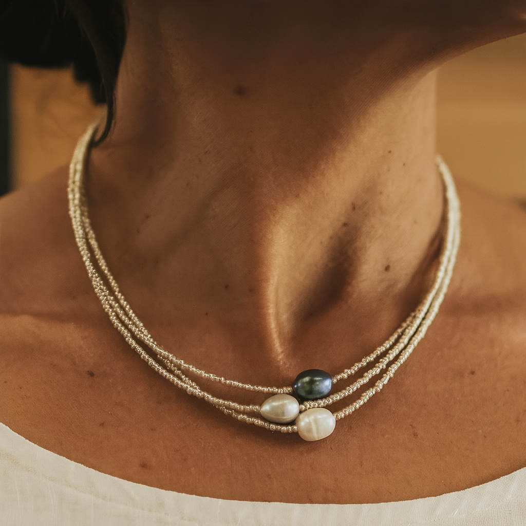 Trepärls Halsband – Elegans i Silver och Naturliga Pärlor