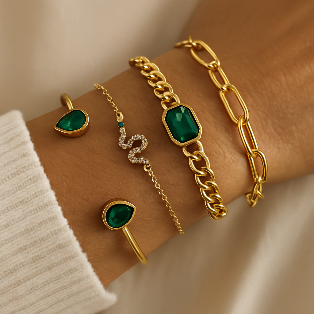 Grön Glamour Armbandset – Guldton med Smaragdutseende